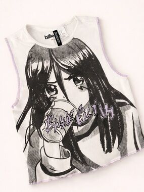 H&M Billie Eilish Graphic Tank Top in Black and White with Lilac Trim - youth